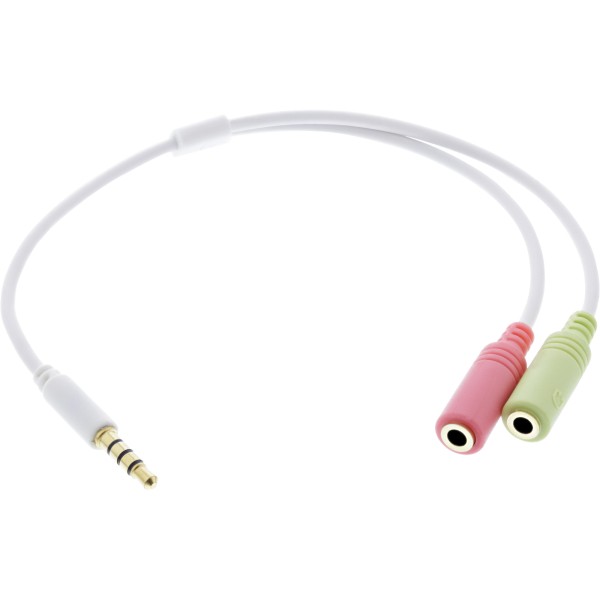 Audio Headset Adapterkabel, 3,5mm Klinke Stecker 4pol. an 2x 3,5mm Klinke Buchse, weiß, 0,25m