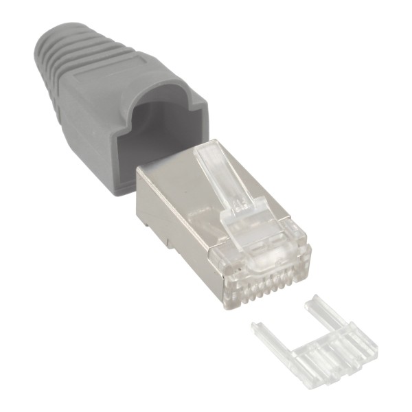 Crimpstecker RJ45 geschirmt, mit Knickschutz und Einfädelhilfe, 10er Pack, grau