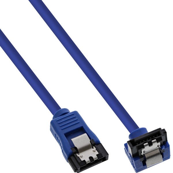 SATA 6Gb/s Anschlusskabel rund, abgewinkelt, blau, mit Lasche, 0,15m