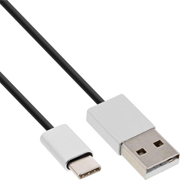 USB 2.0 Kabel, Typ C Stecker an A Stecker, schwarz/Alu, flexibel, 1,5m
