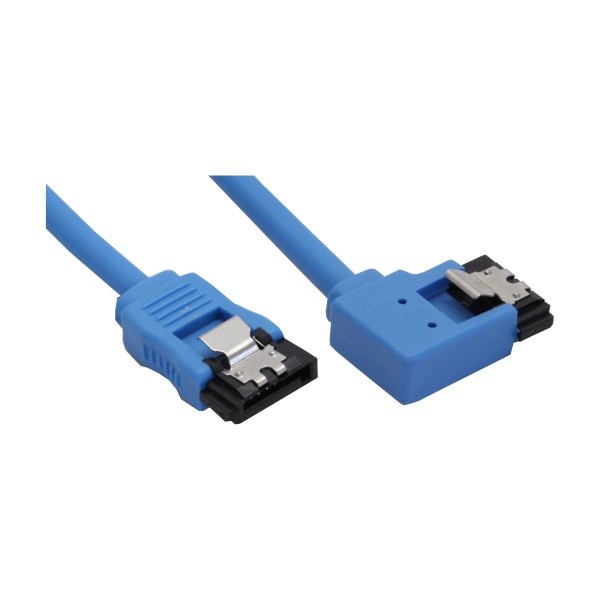 SATA 6Gb/s Anschlusskabel rund, abgewinkelt links, blau, mit Lasche, 0,5m