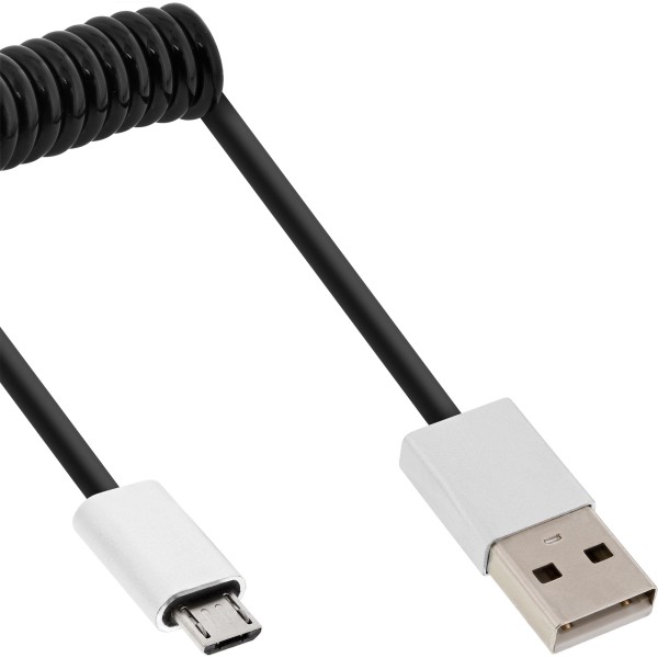 Micro-USB 2.0 Spiralkabel, USB-A Stecker an Micro-B Stecker, schwarz/Alu, flexibel, 1m
