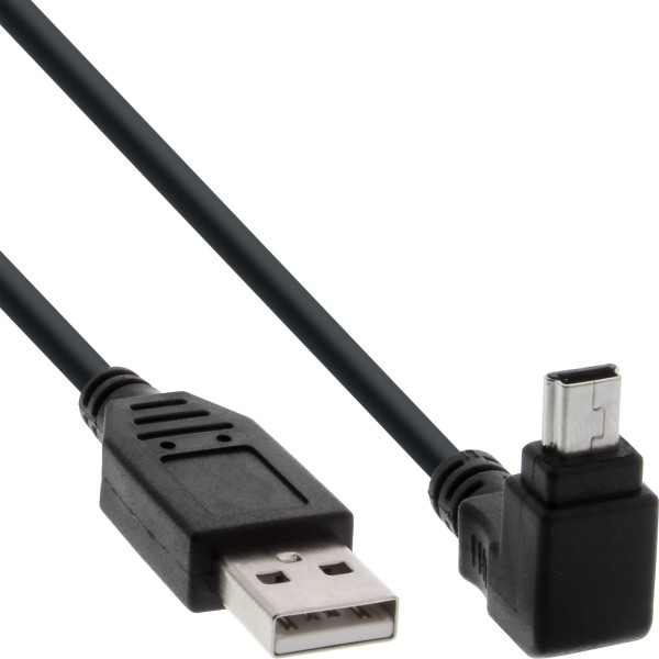 USB 2.0 Mini-Kabel, Stecker A an Mini-B Stecker (5pol.) oben abgewinkelt 90°, schwarz, 3m