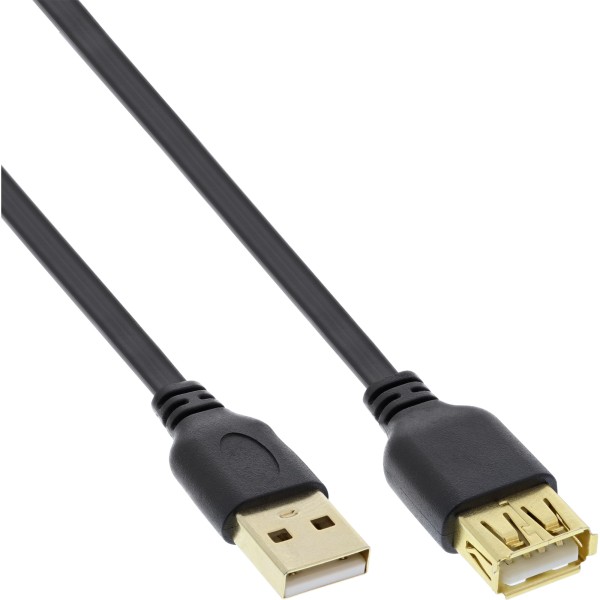 USB 2.0 Flachkabel Verlängerung, A Stecker / Buchse, schwarz, Kontakte gold, 2m