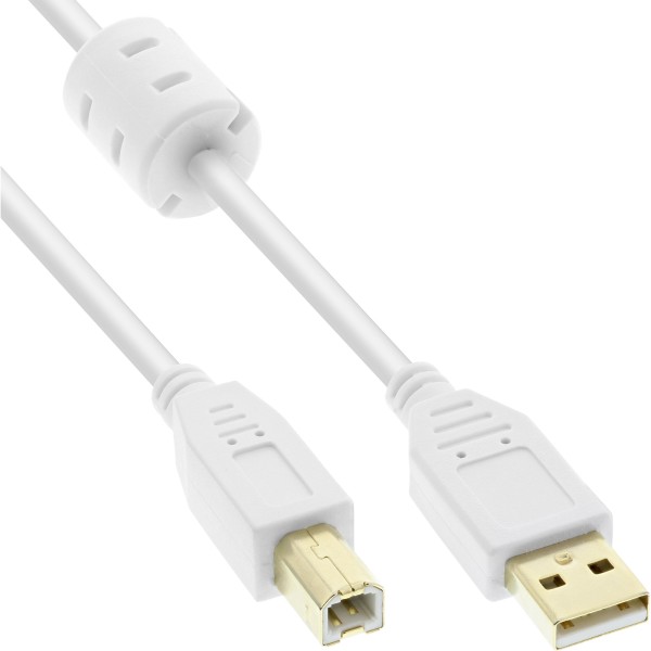 USB 2.0 Kabel, A an B, weiß / gold, mit Ferritkern, 3m