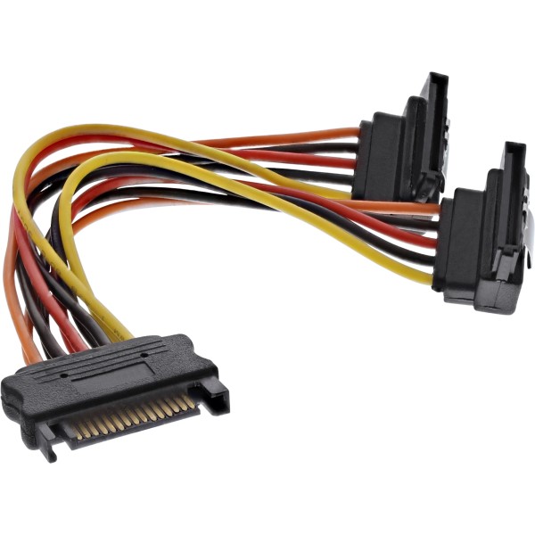 SATA Strom-Y-Kabel, SATA Buchse an 2x SATA Stecker gewinkelt, mit Sicherheitslaschen, 0,15m