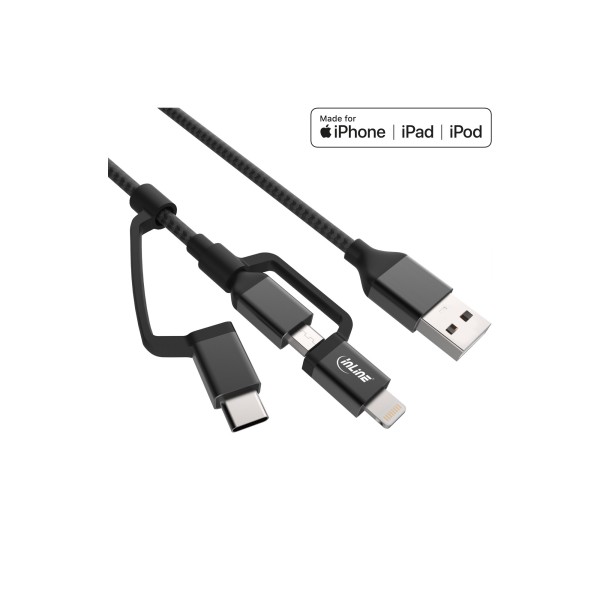 3-in1 USB Kabel, Micro-USB, Lightning, USB Typ-C, schwarz/Alu, 1,5m