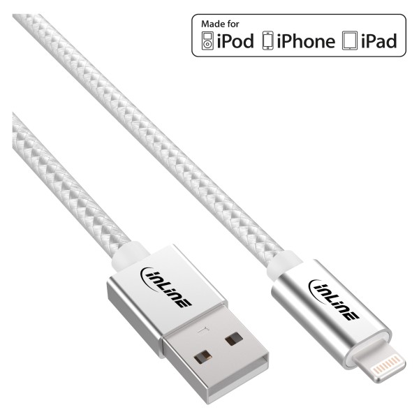 Lightning USB Kabel, für iPad, iPhone, iPod, silber/Alu, 2m