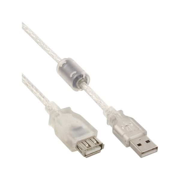 USB 2.0 Verlängerung, Stecker / Buchse, Typ A, transparent, mit Ferritkern, 2m