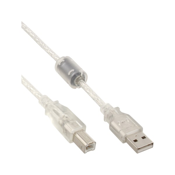 USB 2.0 Kabel, A an B, transparent, mit Ferritkern, 2m