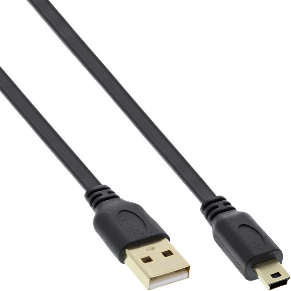 USB 2.0 Flachkabel, USB A Stecker an Mini-B Stecker (5pol.), schwarz, 5m
