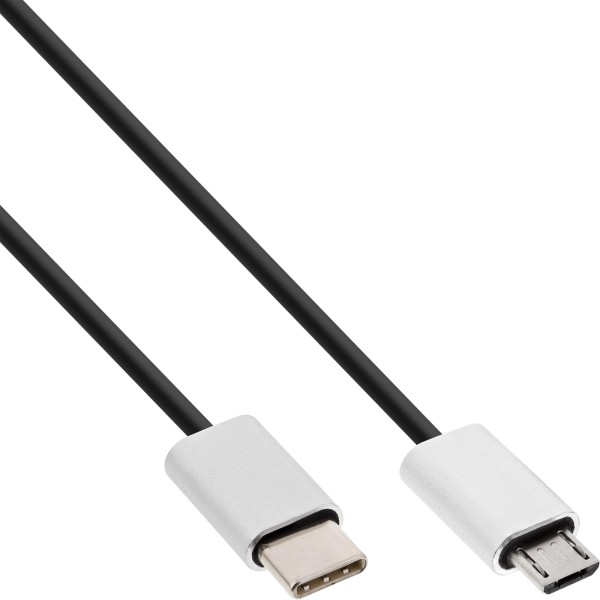 USB 2.0 Kabel, Typ C Stecker an Micro-B Stecker, schwarz/Alu, flexibel, 1,5m