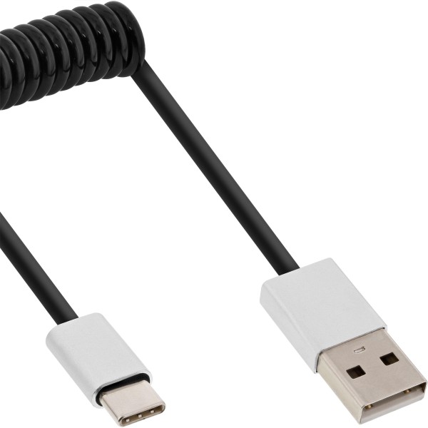 USB 2.0 Spiralkabel, Typ C Stecker an A Stecker, schwarz/Alu, flexibel, 1m