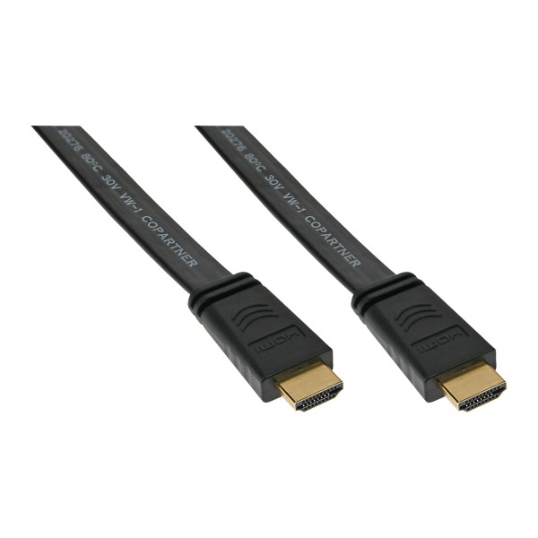 HDMI Flachkabel, HDMI-High Speed mit Ethernet, verg. Kontakte, schwarz, 1m