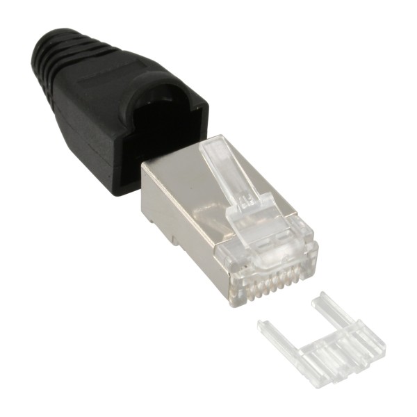 Crimpstecker RJ45 geschirmt, mit Knickschutz und Einfädelhilfe, 100er Pack, schwarz, bulk