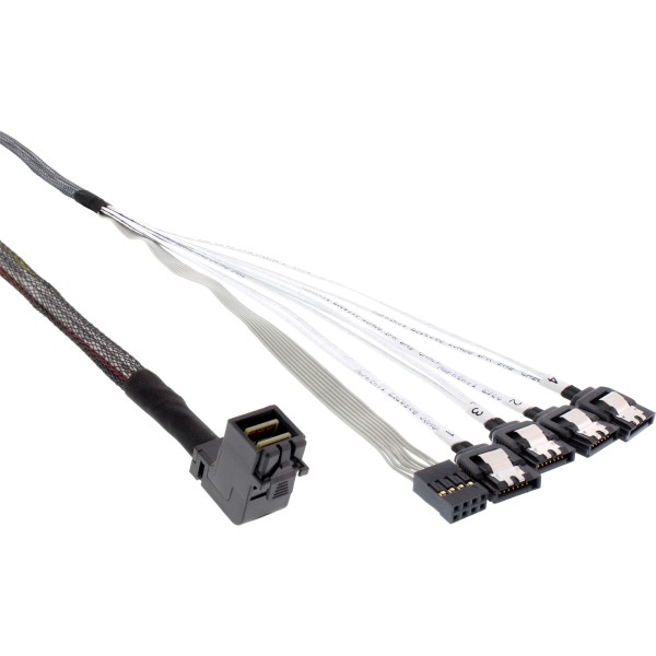 Mini SAS HD Kabel, SFF-8643 gewinkelt zu 4x SATA + Sideband, 0,5m