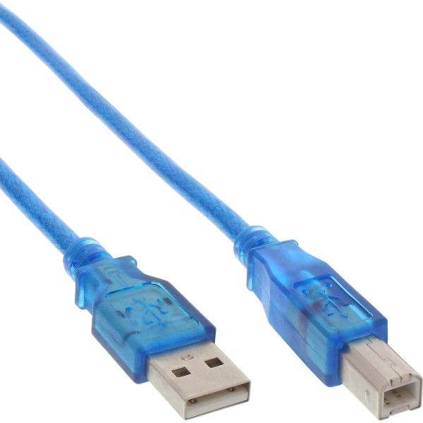 USB 2.0 Kabel, A an B, blau-transparent, 3m