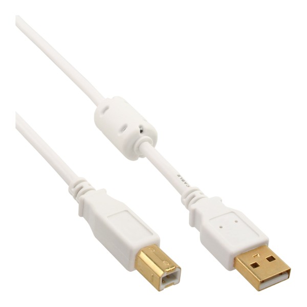 USB 2.0 Kabel, A an B, weiß / gold, mit Ferritkern, 5m