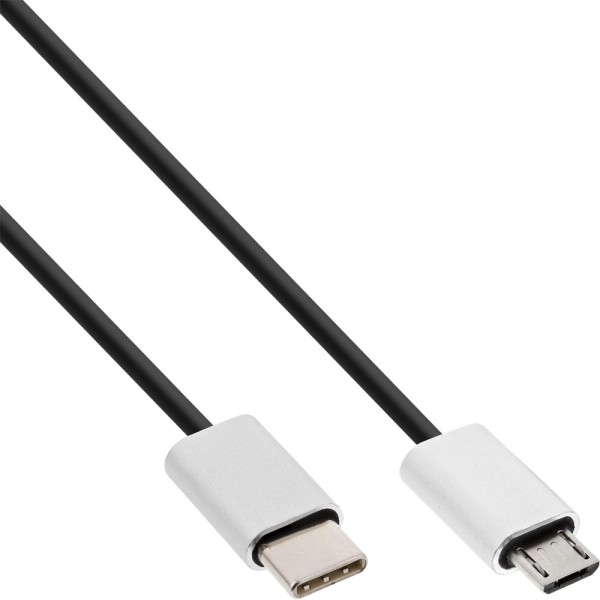 USB 2.0 Kabel, Typ C Stecker an Micro-B Stecker, schwarz/Alu, flexibel, 2m