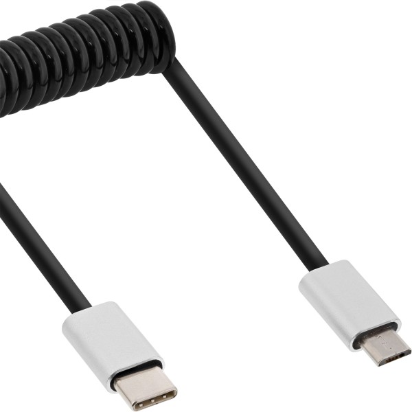 USB 2.0 Spiralkabel, Typ C Stecker an Micro-B Stecker, schwarz/Alu, flexibel, 0,5m
