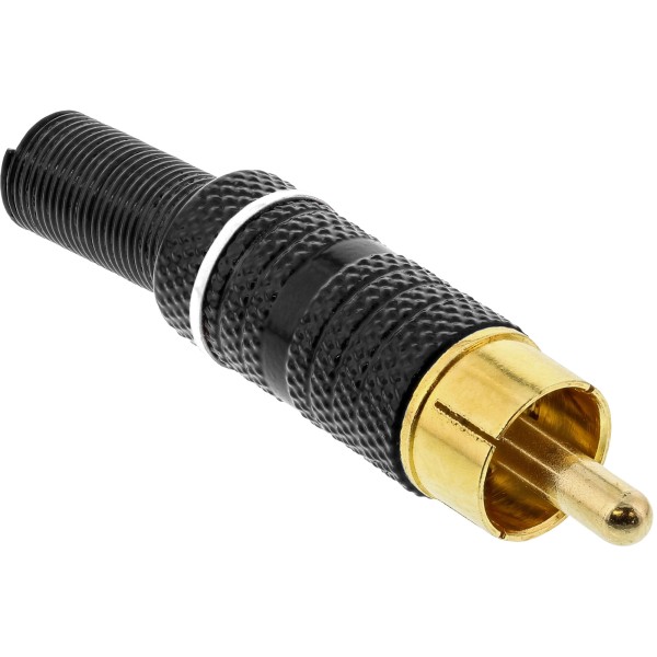 Cinchstecker Lötversion, Metall schwarz, Ring weiß, für 6mm Kabel